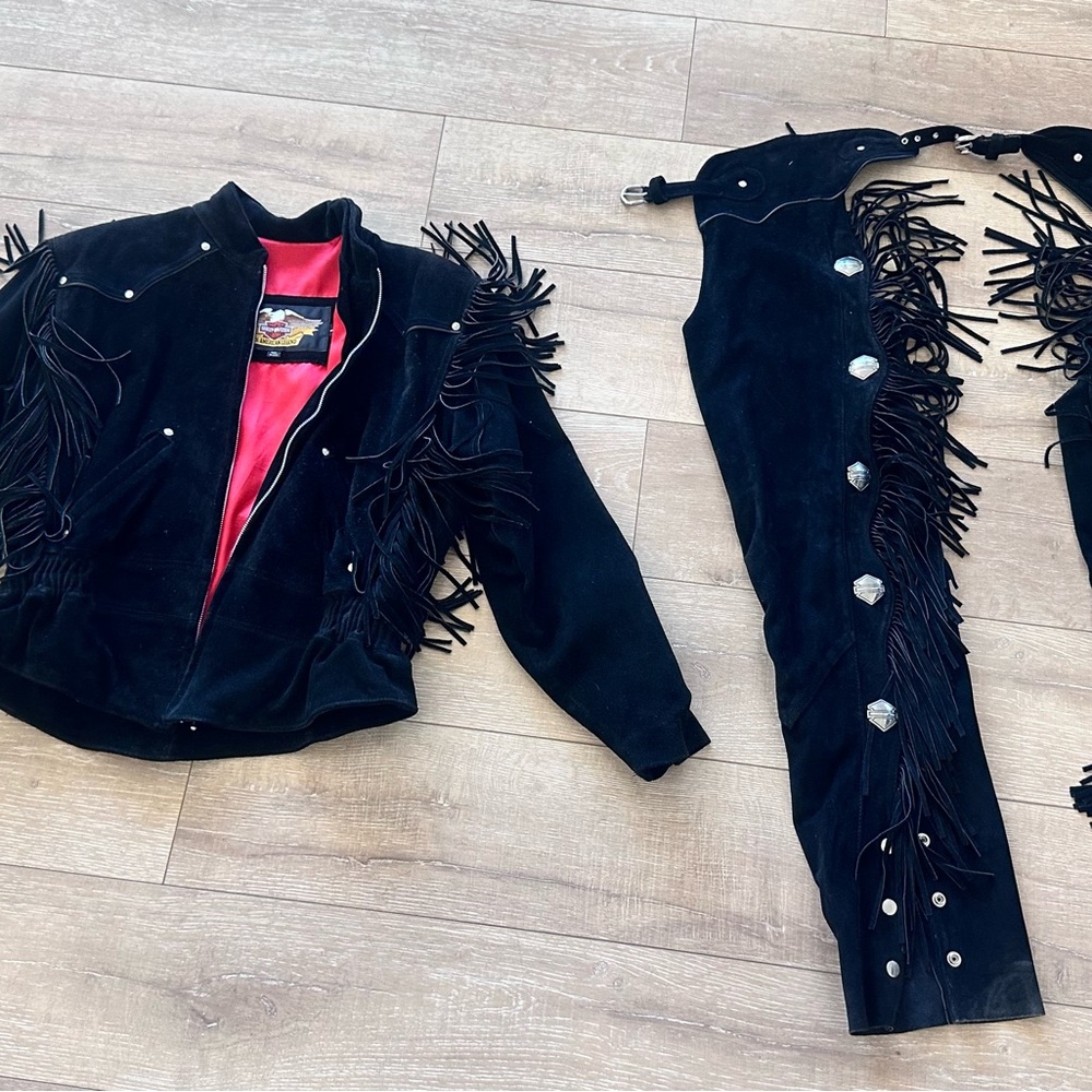 Harley-Davidson Black Leather Jacket with Fringe and Red Lining